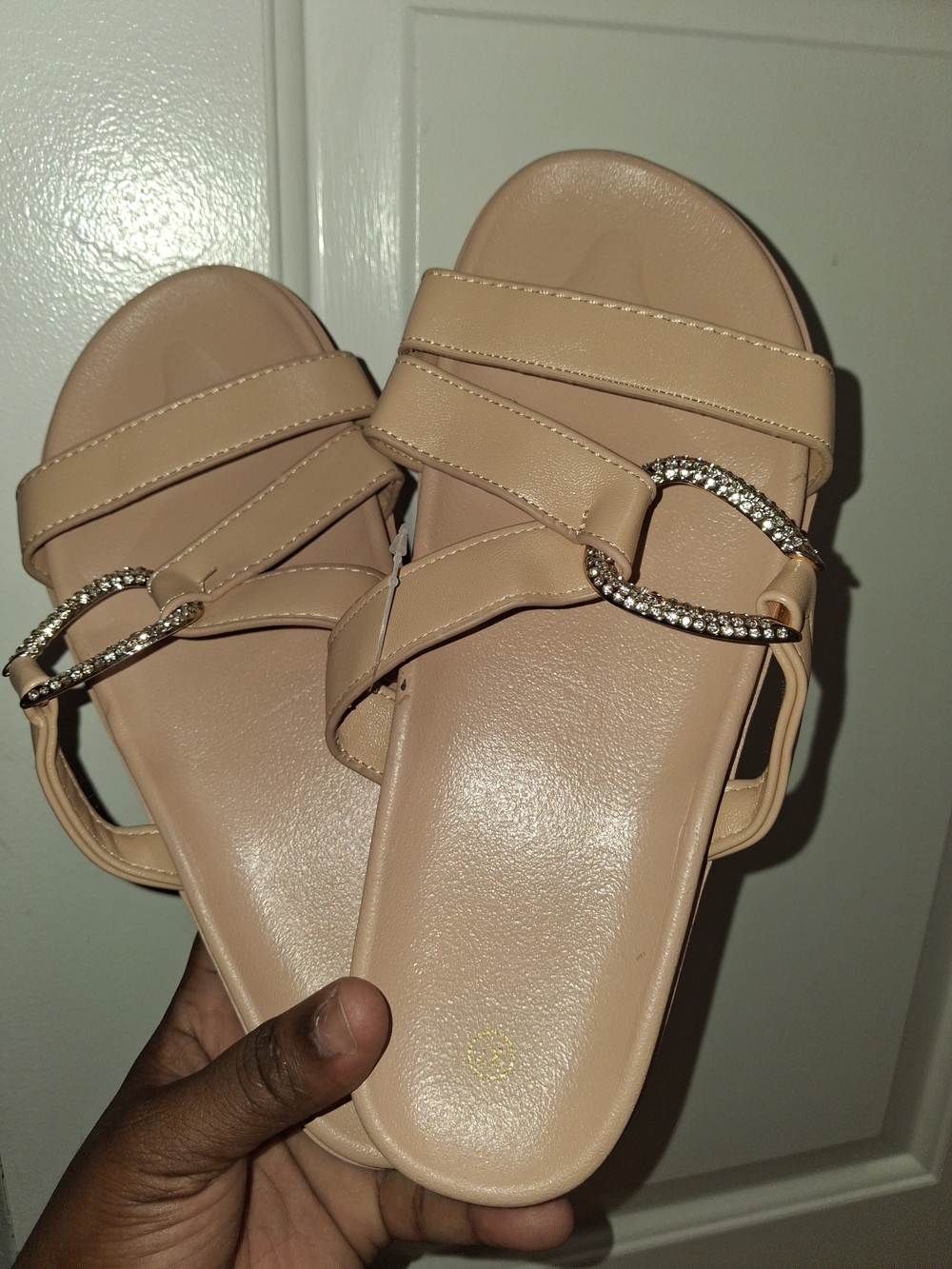 Rhinestone-Embellished Beige Slide Sandals for Women